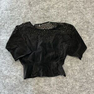 Michel Vintage Black Leather Eyelet Details Old Money Scoop Neck Blouse  P